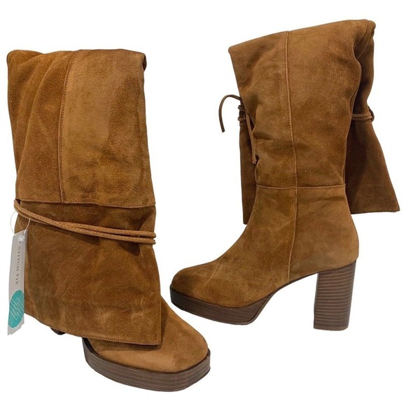 Free PeopleBoots Over the Knee Brown Leather Echo Platform Square Toe NEW